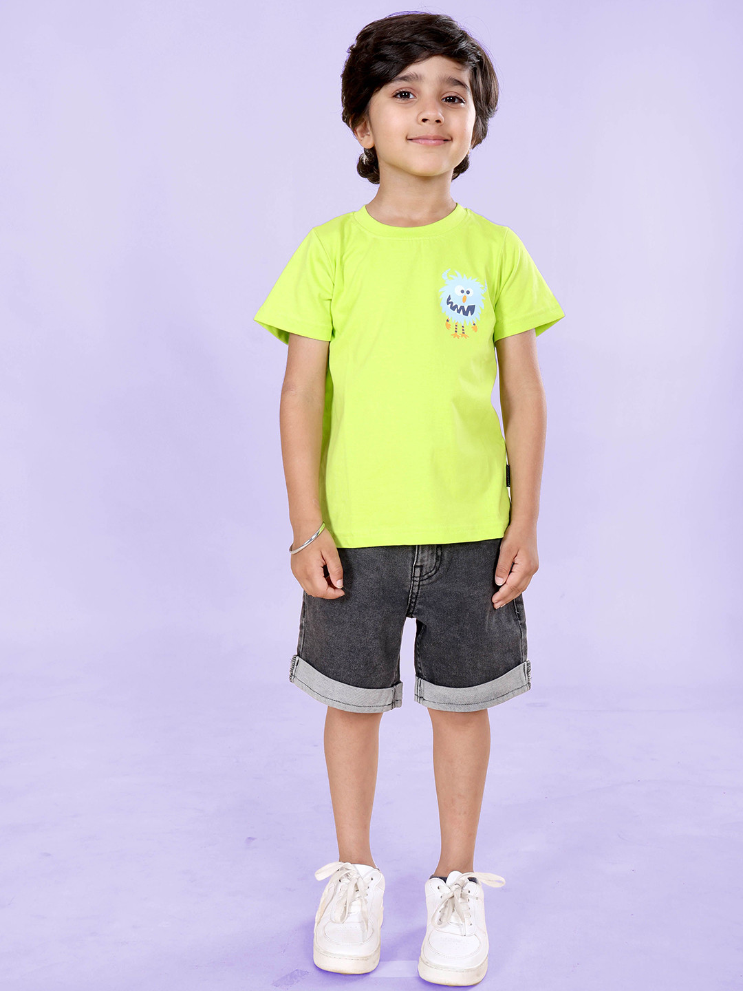 KiddoPanti Boys Monster Graphic Printed Round Neck Pure Cotton T-Shirt With Shorts