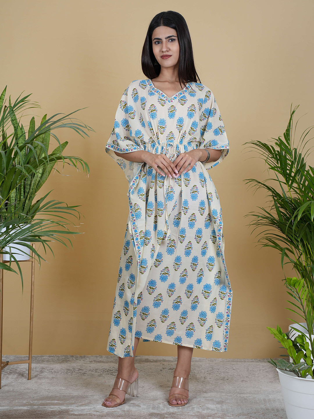 Ruha Ethnic Motifs Printed Tie-Ups Kimono Sleeves Midi Kaftan Dress