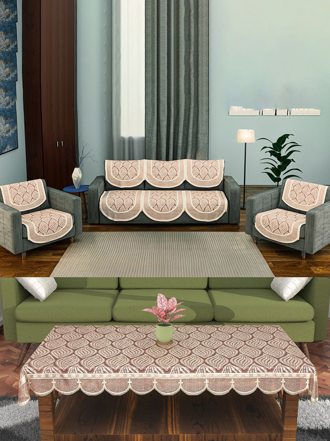 Kuber Industries Maroon 11 Pieces Self Design Cotton Sofa Covers & Center Table Cover