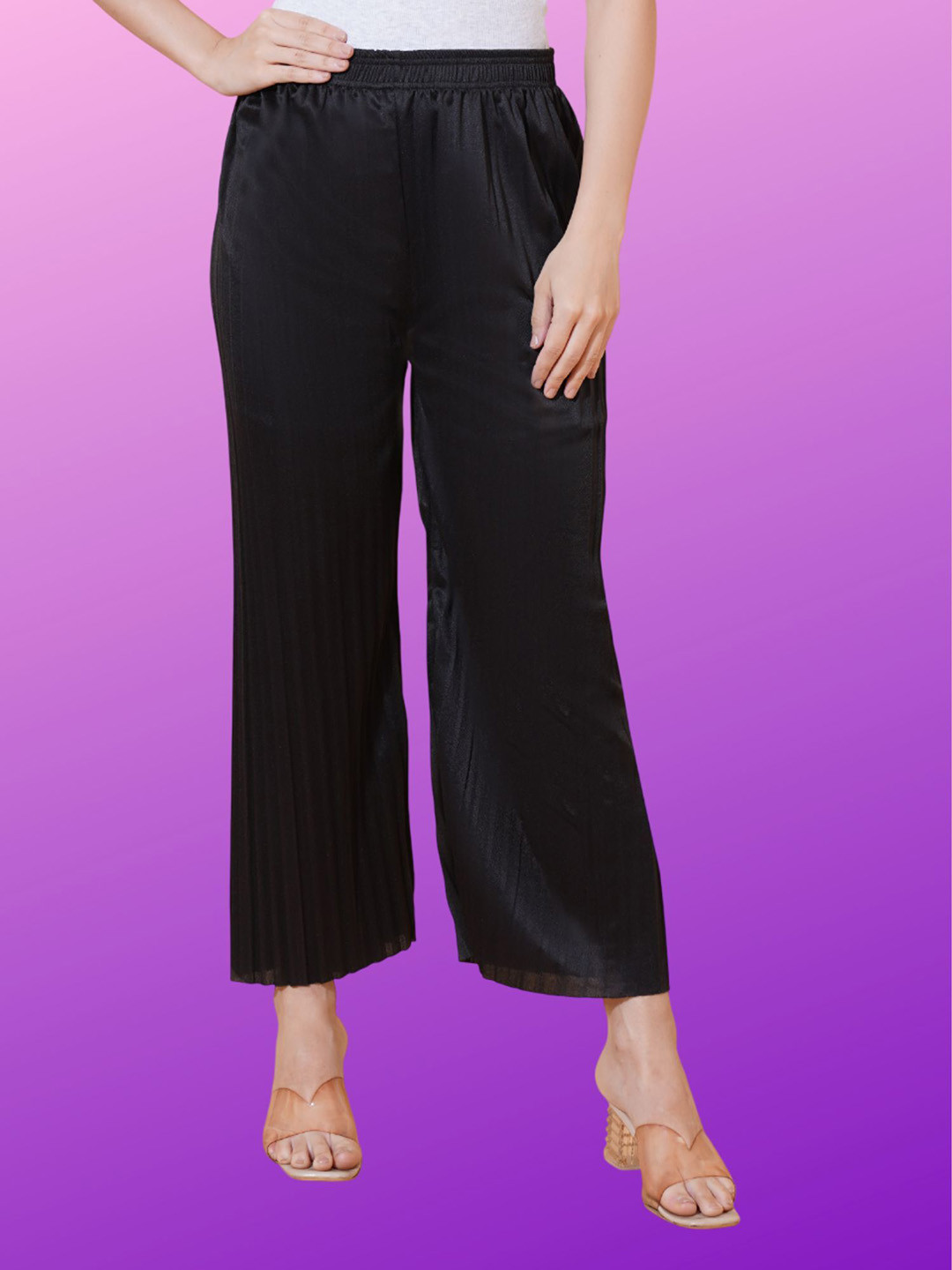 Kushi Flyer Women Solid Striped Wide Leg Mid-Rise Relaxed Regular Fit Flat-Front Trousers