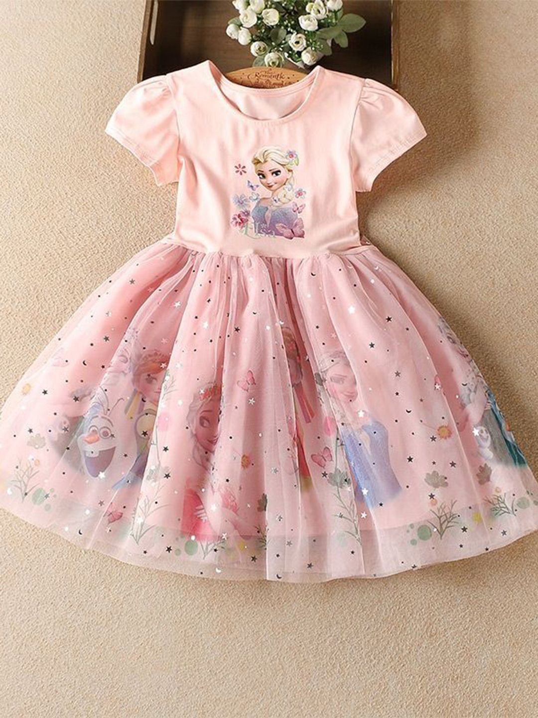 YK Girls Cartoon Characters Printed Fit & Flare Knee Length Dress