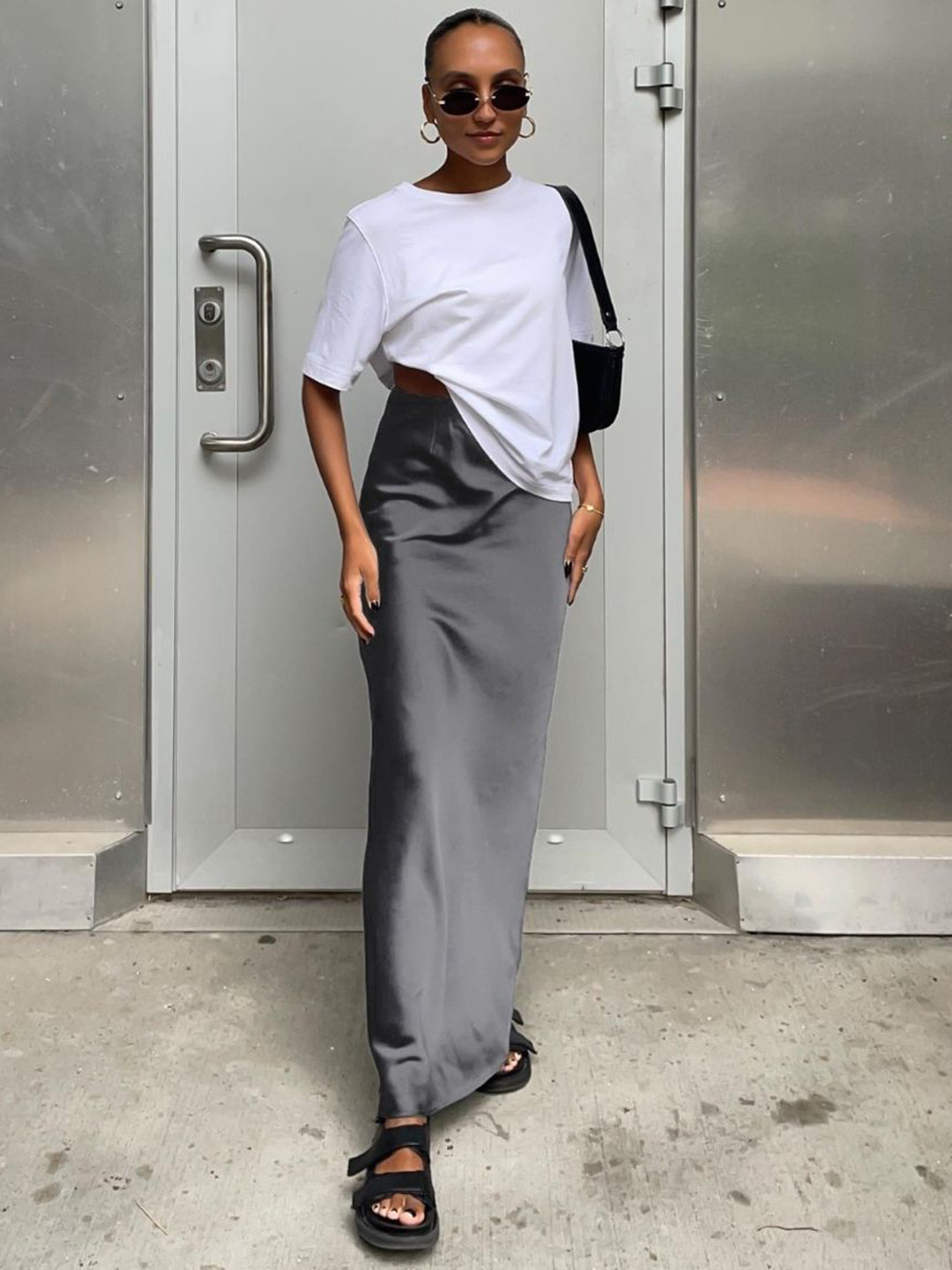bebe Grey High Waist Slip Maxi Skirt