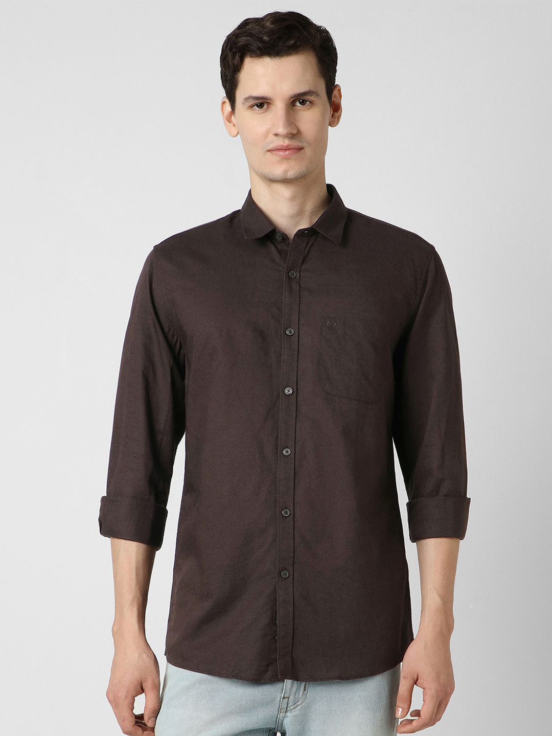 Peter England Casuals Slim Fit Spread Collar Cotton Linen Shirt