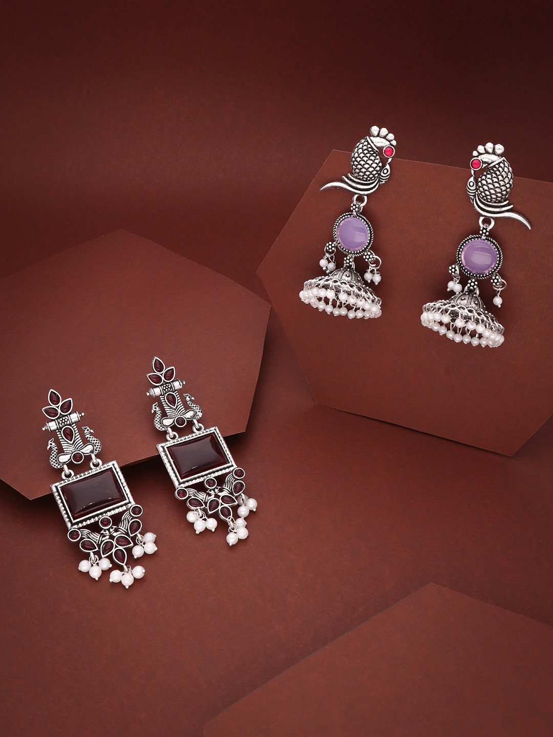 Sangria Set Of 2 Silver-Plated Stones Studded and Beads Beaded Contemporary Drop Earrings