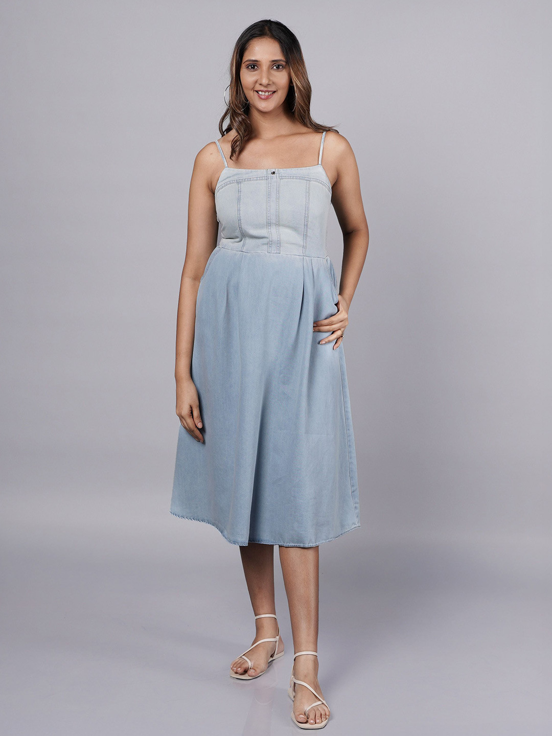 French Theory Women Light-Wash Denim Shoulder Straps A-Line Midi Dress
