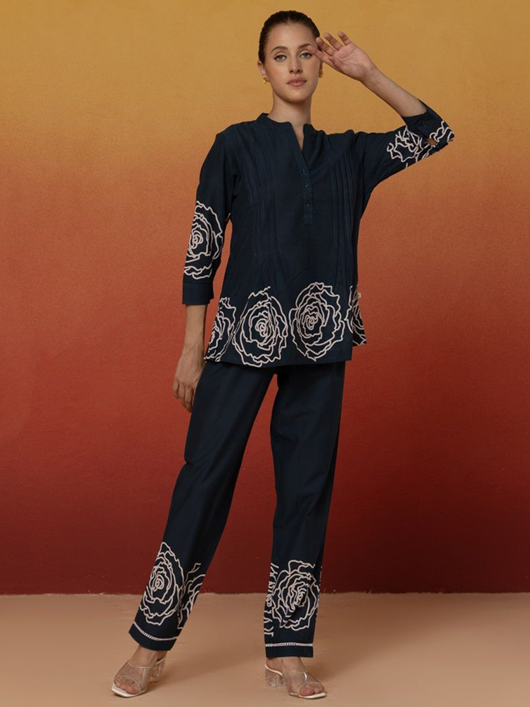 Bannos Swagger Printed Pure Cotton Mandarin Collar Top & TrousersCo-OrdsSet