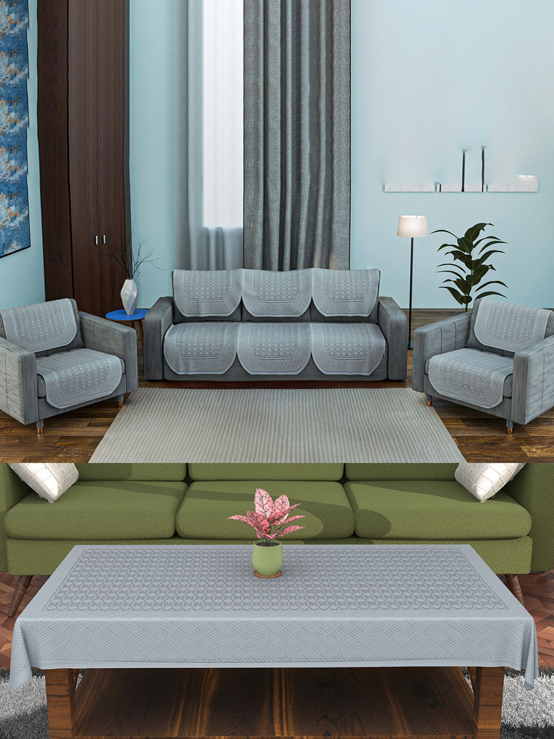 Kuber Industries Grey 11 Pieces Self Design Cotton Sofa Cover & Center Table Covers