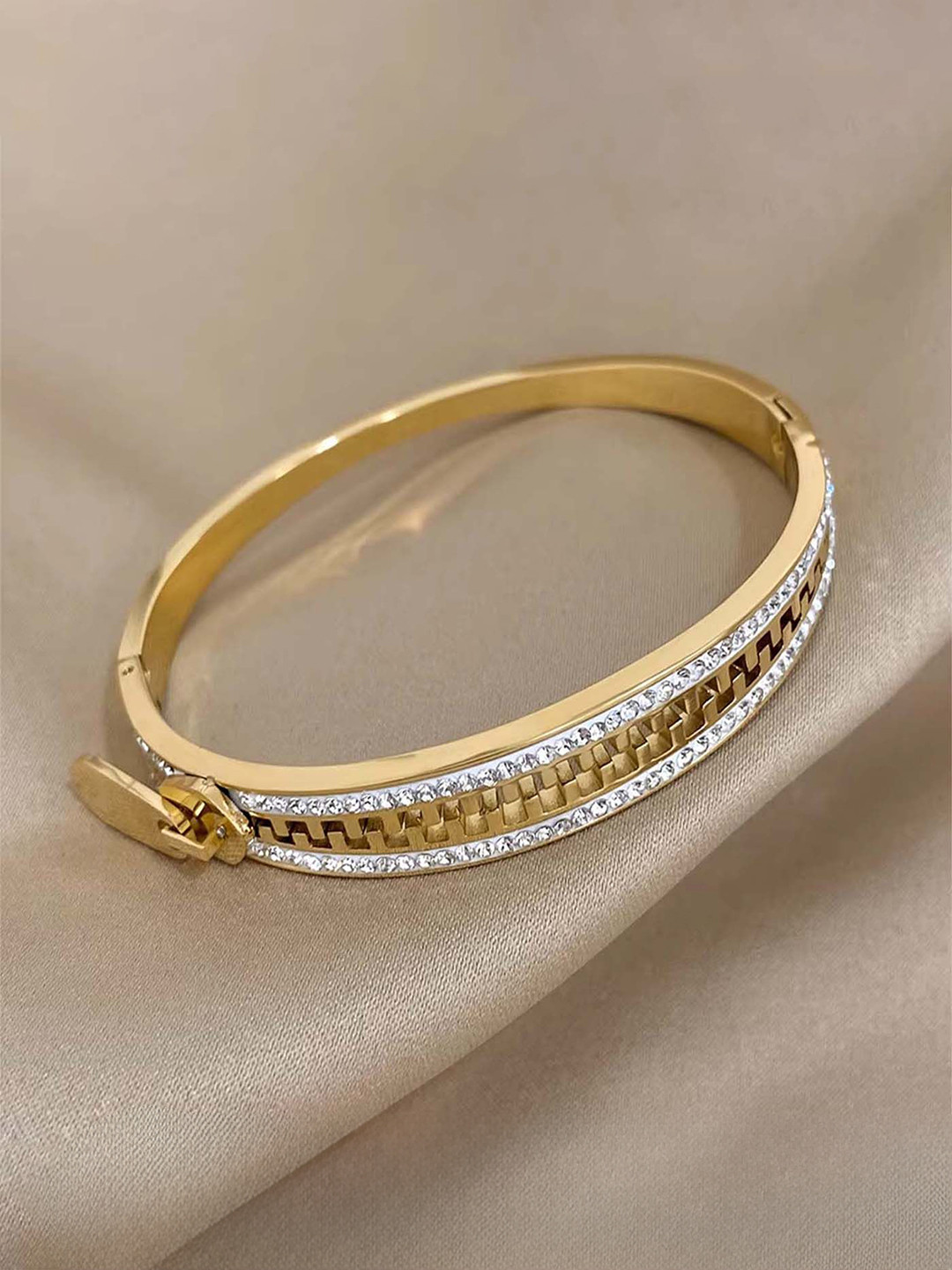 VAMA Gold-Plated Stainless Steel Artificial Stones Studded Zipper Bangle-Style Bracelet