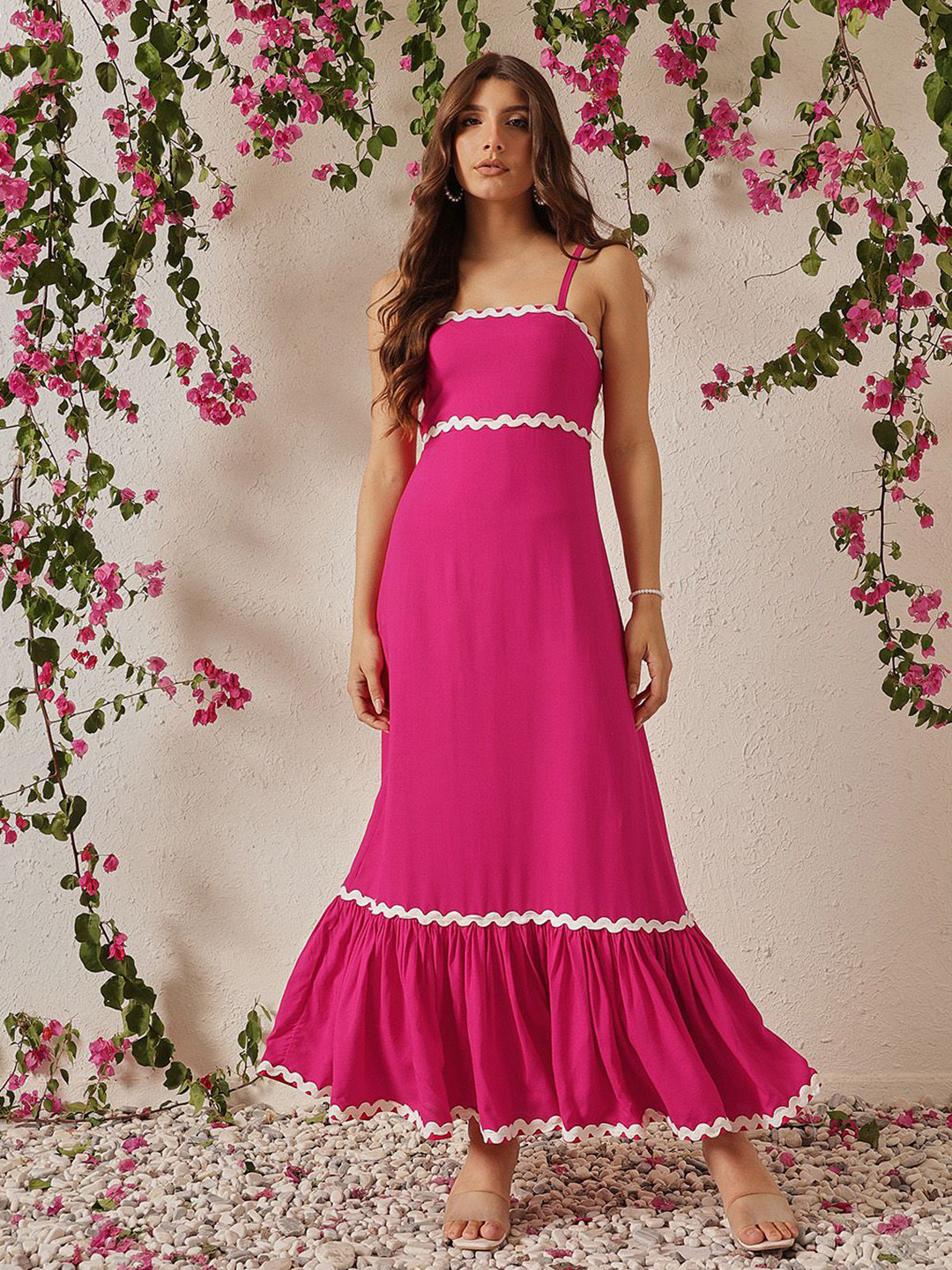 ATRAENTA Women Solid Shoulder Straps Lace Inserts Detail Flounce Hem Maxi Dress