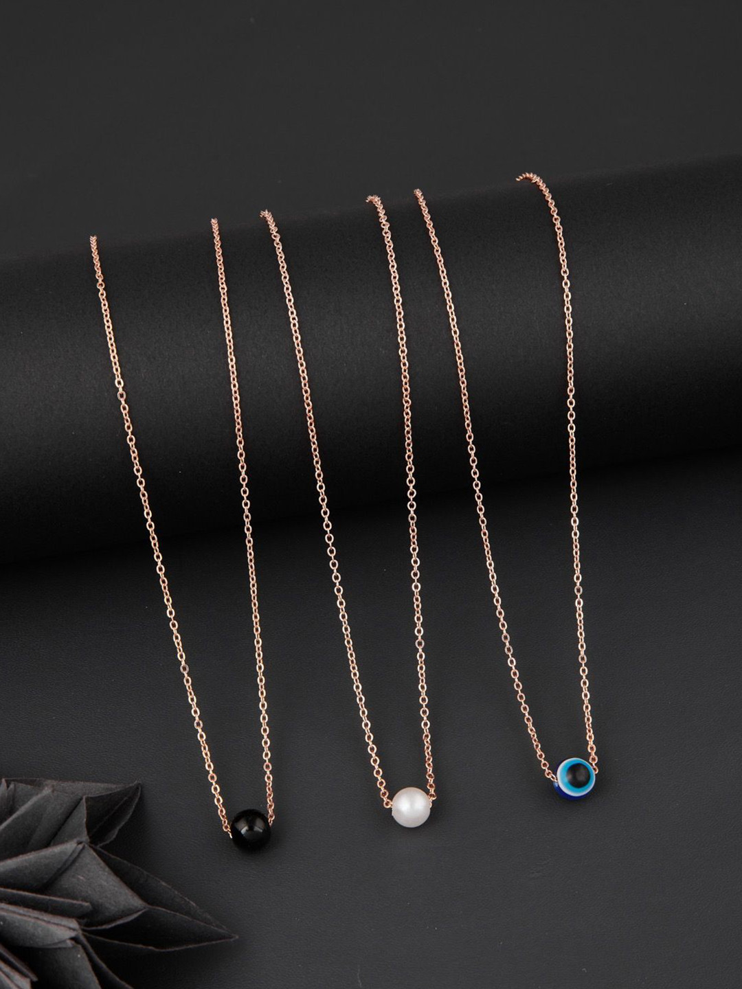 DressBerry Set Of 3 Silver Toned Gold-Plated Artificial Beads Feather Chains