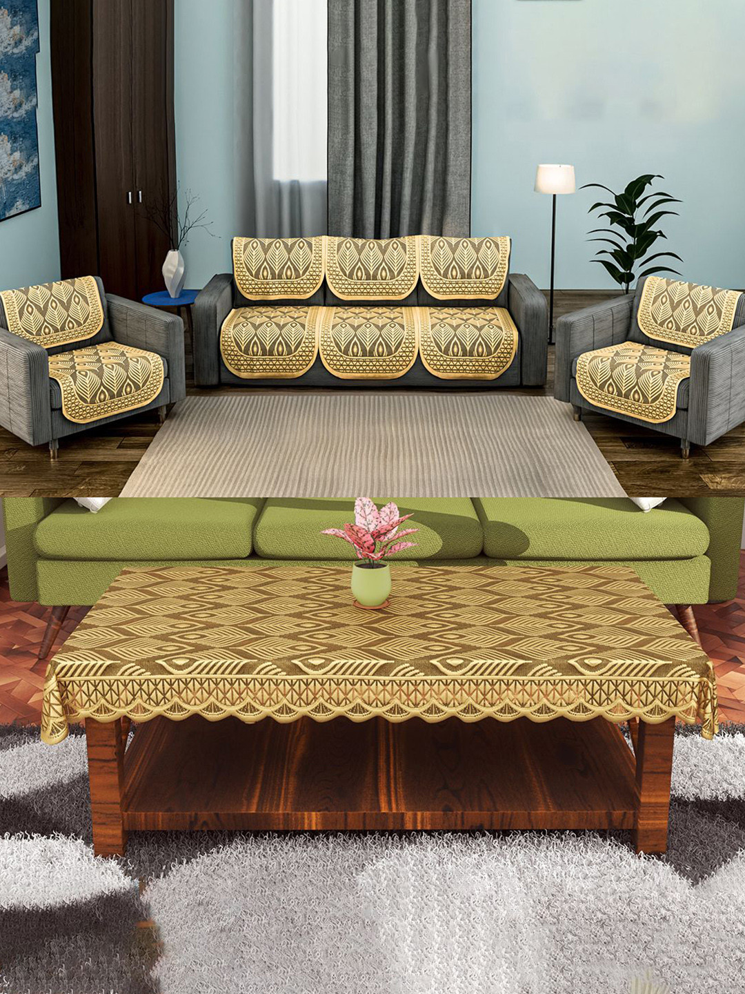 Kuber Industries Grey 11 Pieces Self Design Cotton Sofa Cover & Center Table Cover