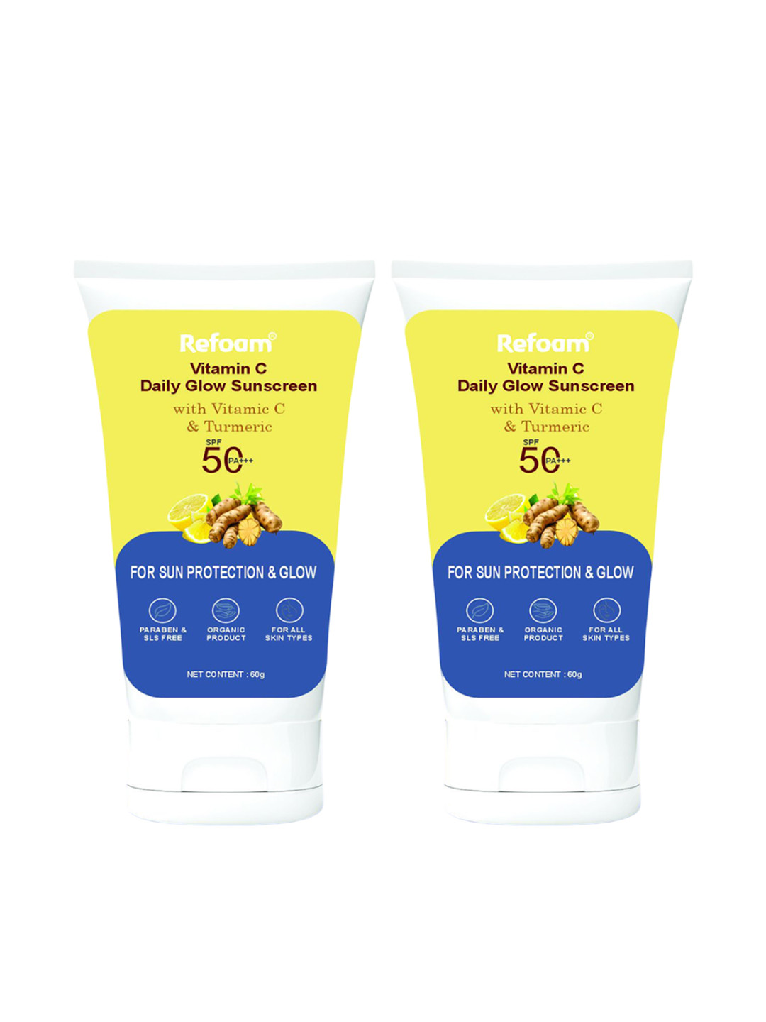 REFOAM Set Of 2 Vitamin C Daily Glow Sunscreen SPF50 PA+++ With Turmeric - 60 g Each