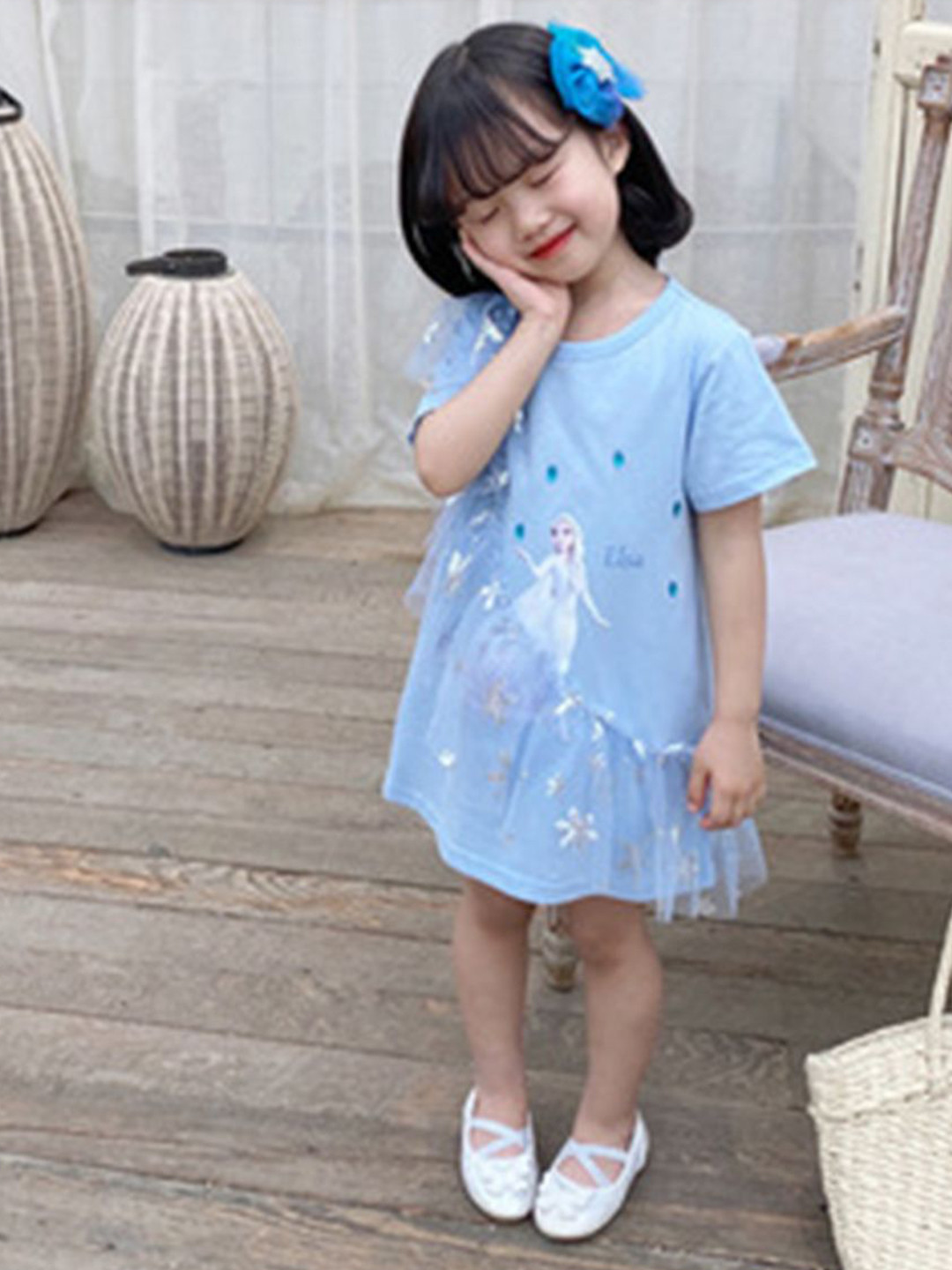 YK Girl's Graphic Printed Round Neck A-Line Above Knee Dress