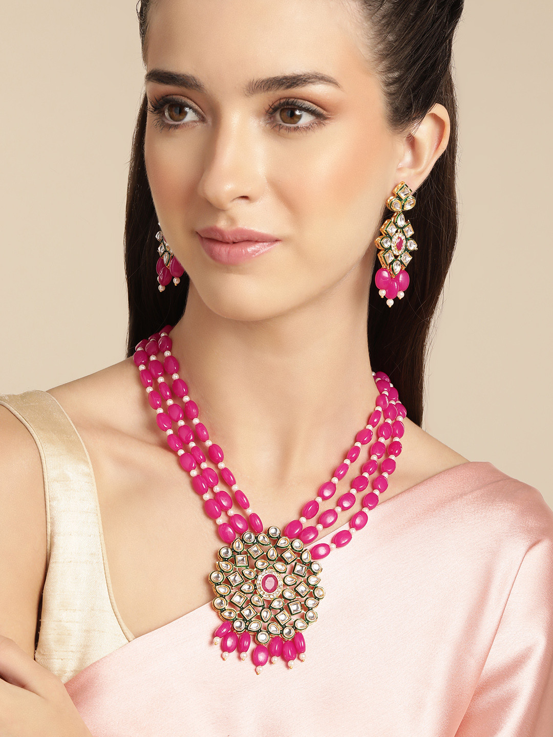 Anouk Kundan Pendent & Pink Beads Necklace Earring Set