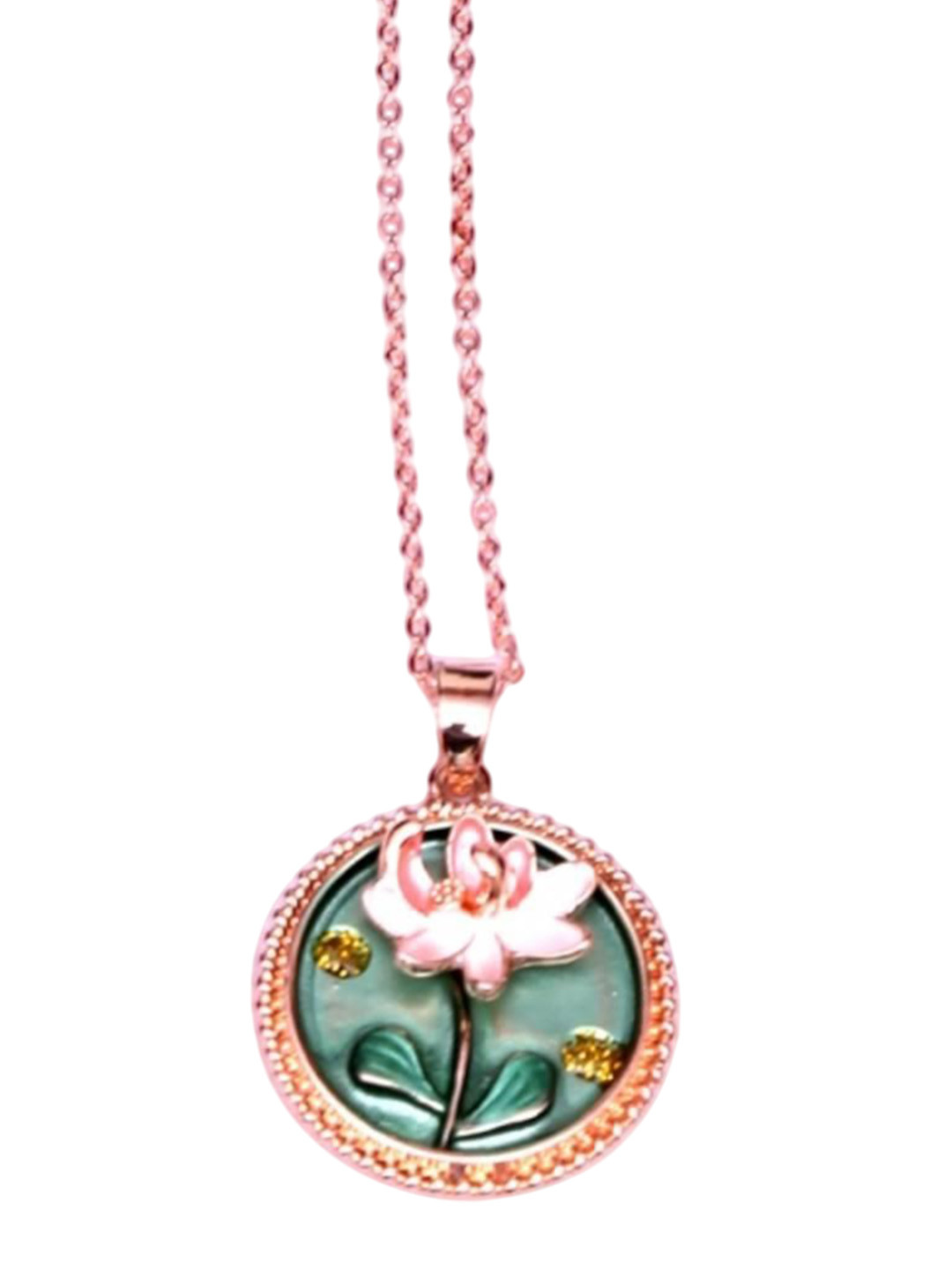 ADC SHEMONA Gold-Plated Artificial Stones Studded Circular Lotus Pendant with Chain