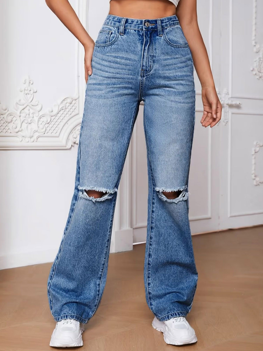 Z & G trends Women Cotton Wide Leg High-Rise Slash Knee Light Fade Jeans