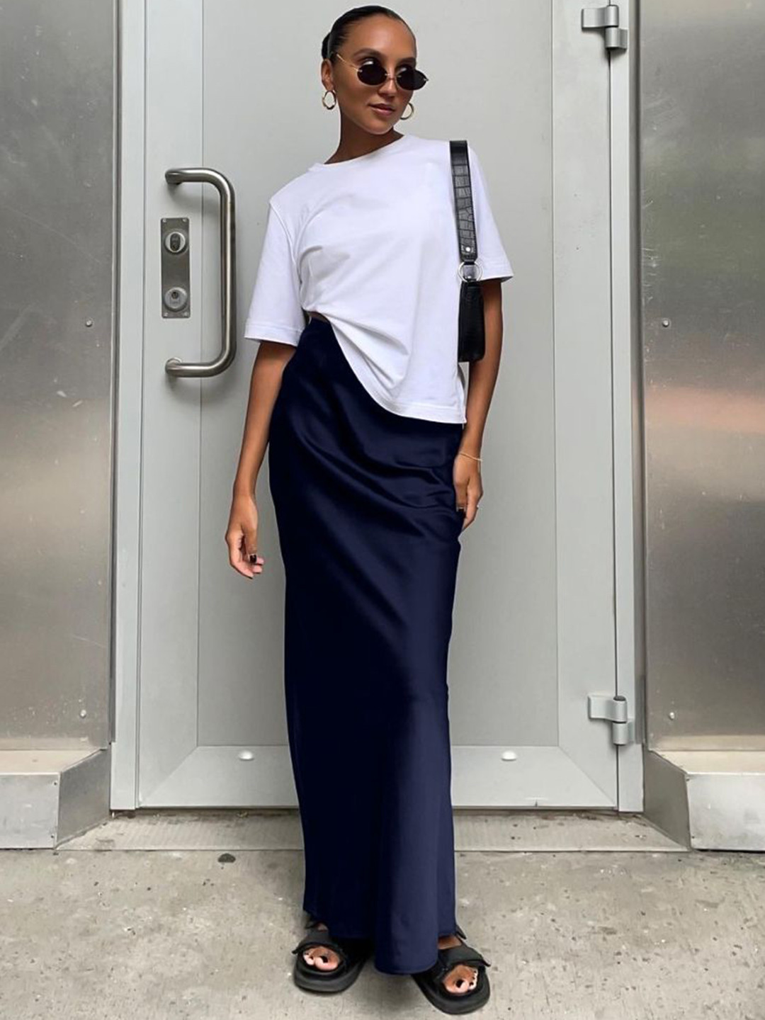 Navy Blue High Waist Slip Maxi Skirt