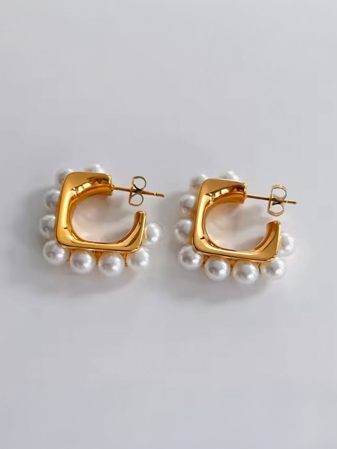 SHARLEEZ Stainless Steel 18 K Gold Plated Pearls Beaded Contemporary Half Hoop Earrings