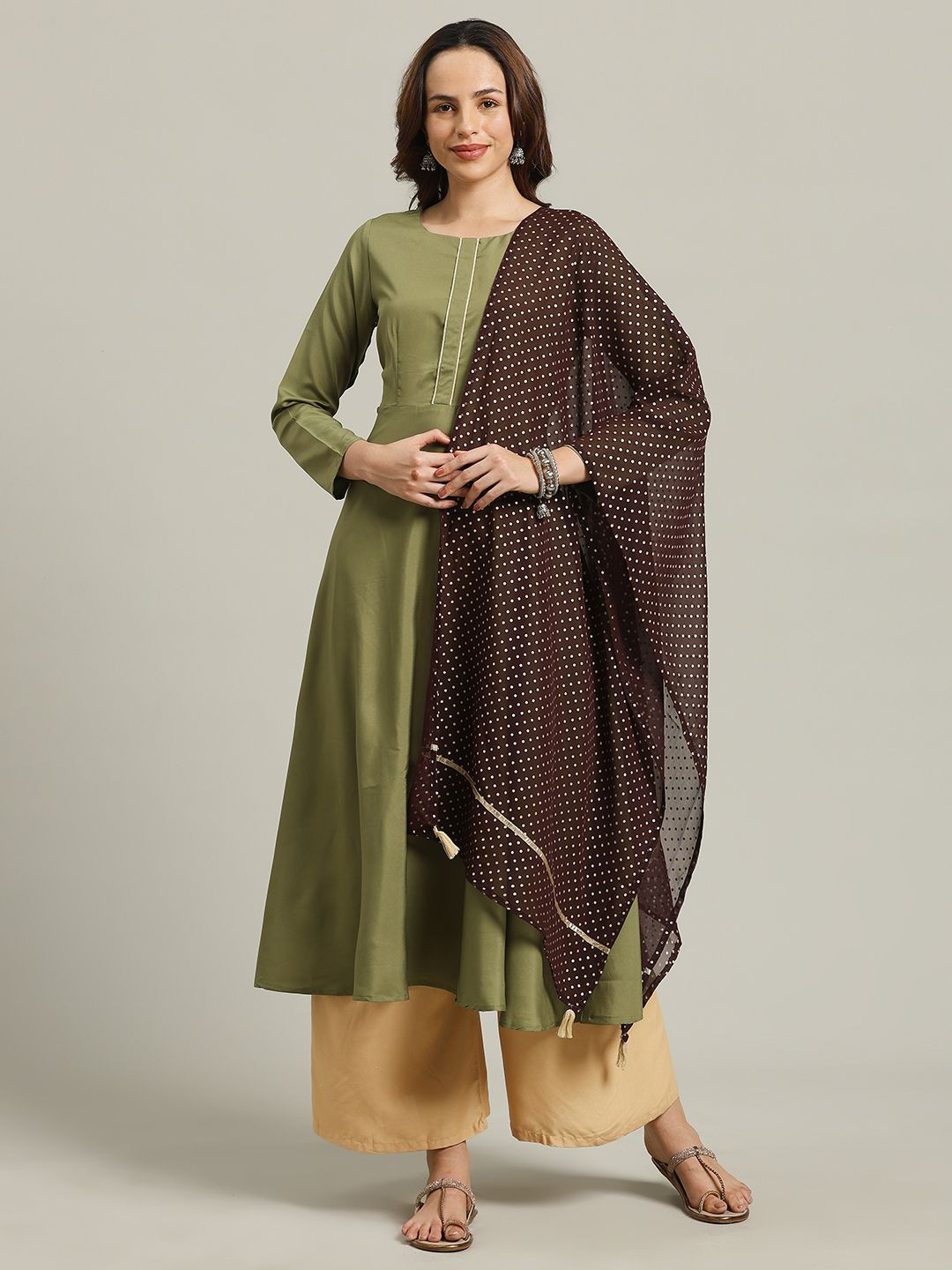 Anouk Rustic Round Neck Long Sleeves Anarkali Kurta With Georgette Dupatta