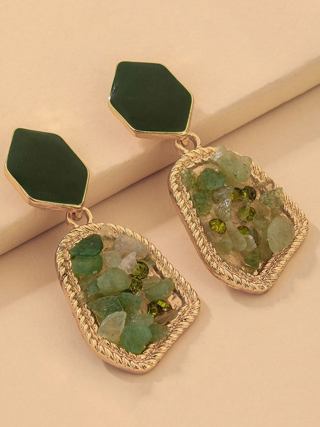 kazare Gold-Plated Artificial Stones Studded Contemporary Drop Earrings