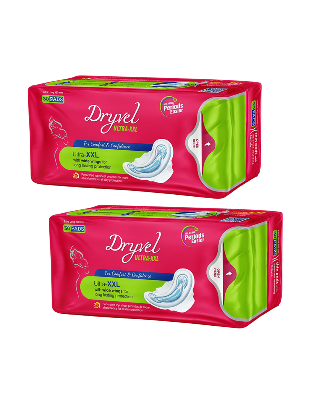 Dryvel Set Of 2 Ultra Long Protection Sanitary Pads With Wider Wings XXL- 30 Pcs Each