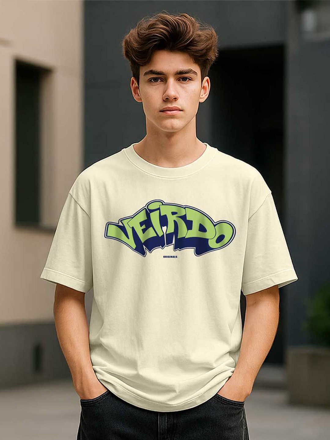 VEIRDO Boys Typography Printed Drop-Shoulder Sleeves Pure Cotton Oversized T-Shirt