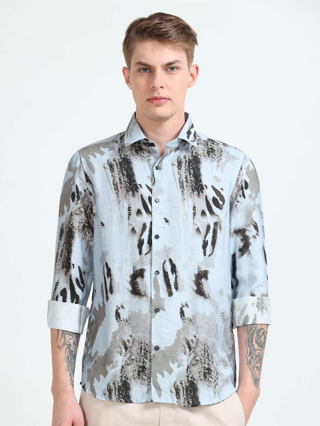 MARTIN SMITH Printed Spread Collar Comfort Cotton Shirt