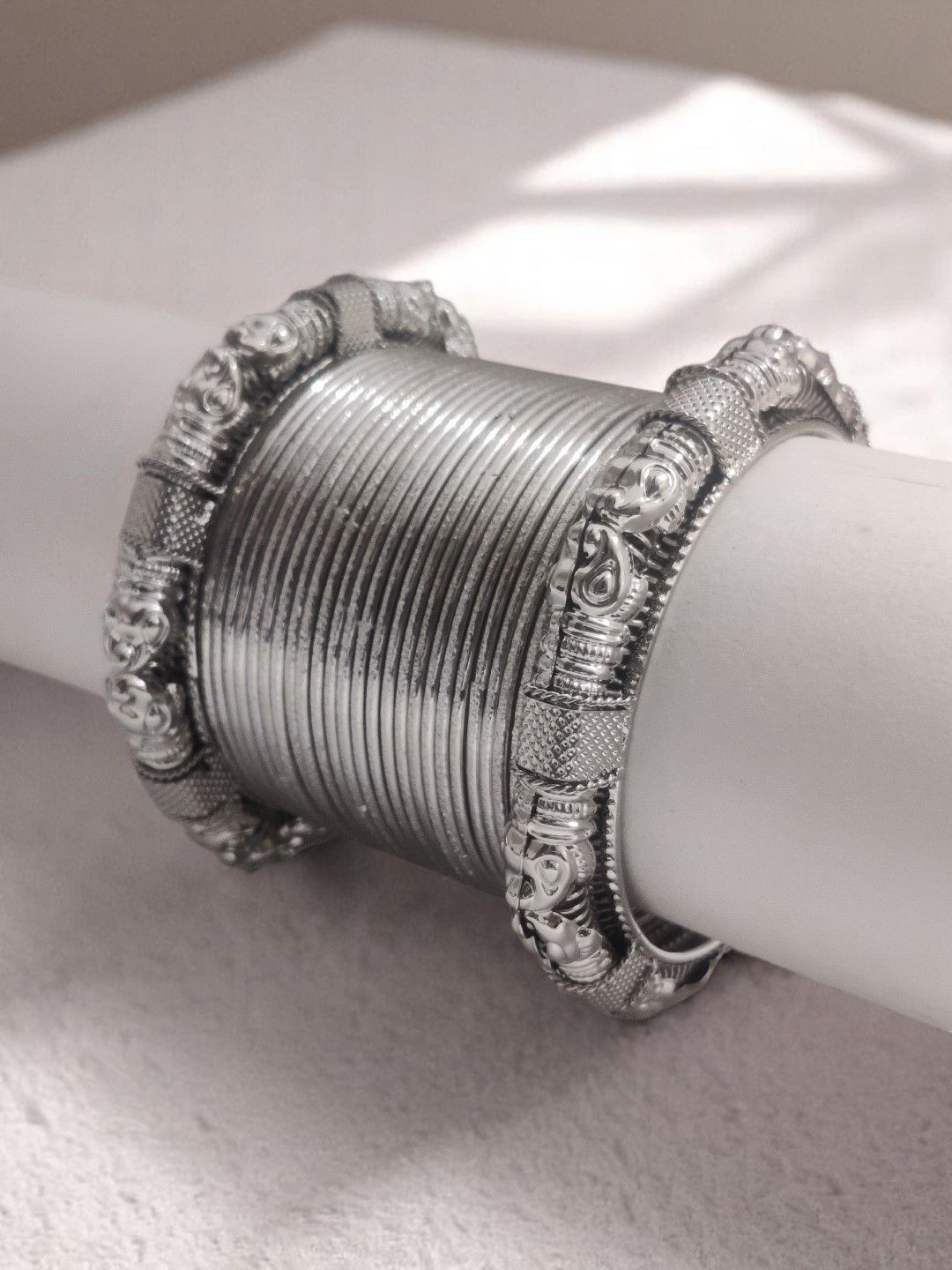 OOMPH Set Of 26 Oxidised Elephant Design Kada & Shimmer Bangles