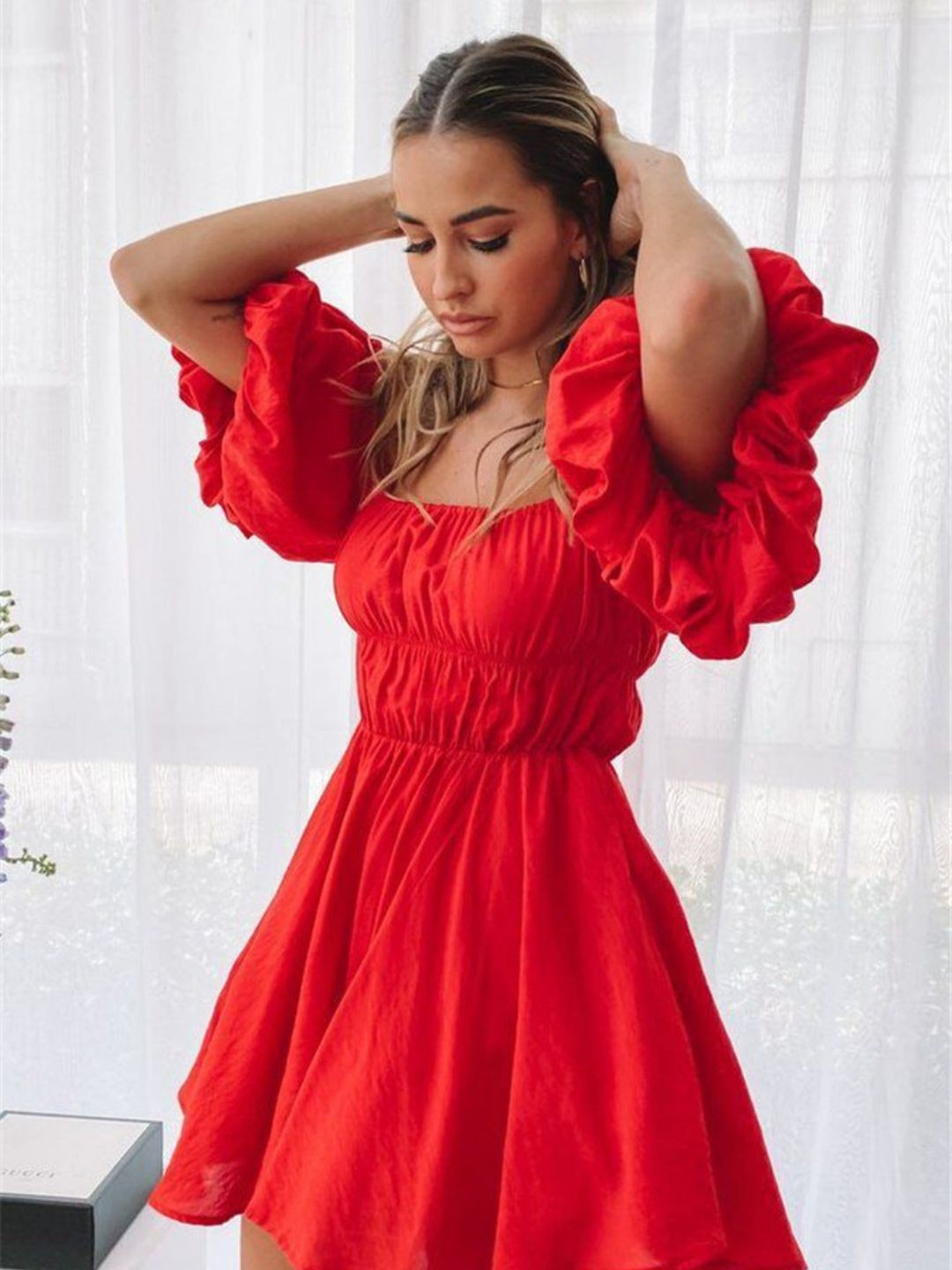 Oh Rare Gathered or Pleated Puff Sleeve Fit & Flare Mini Dress