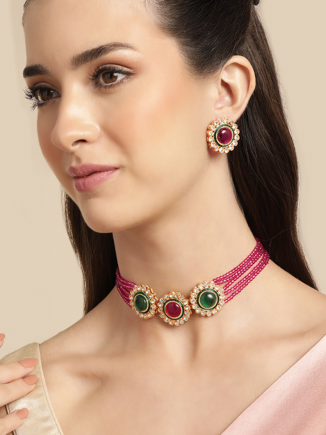 Anouk Pink Beaded Kundan Pendent Necklace Earring Set