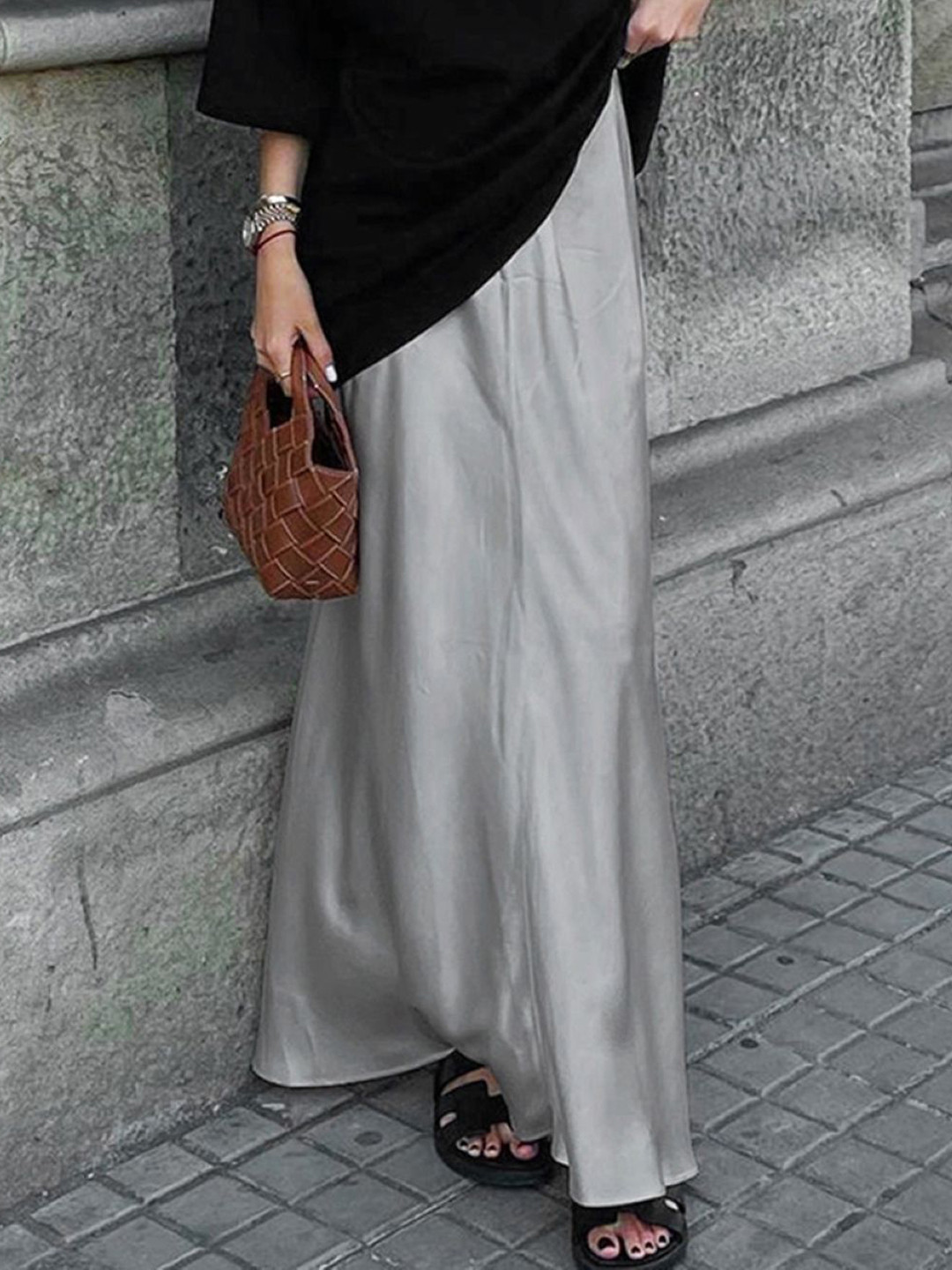 bebe Grey High Waist Slip Maxi Skirt