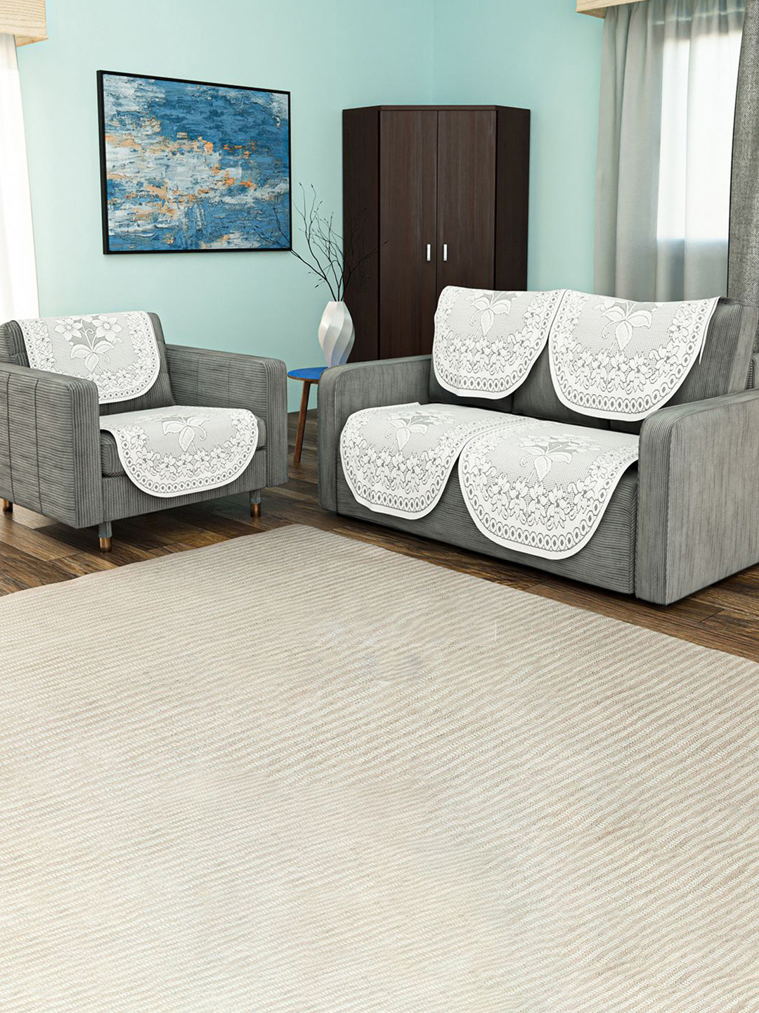 Kuber Industries Cream-Coloured & Grey 6 Pieces Printed Cotton Sofa Covers