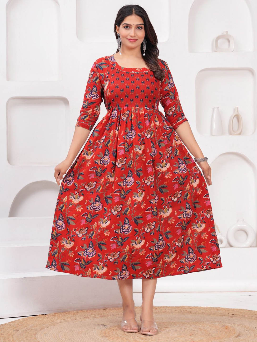 ANUOM Women Red Floral Print Maxi Dress