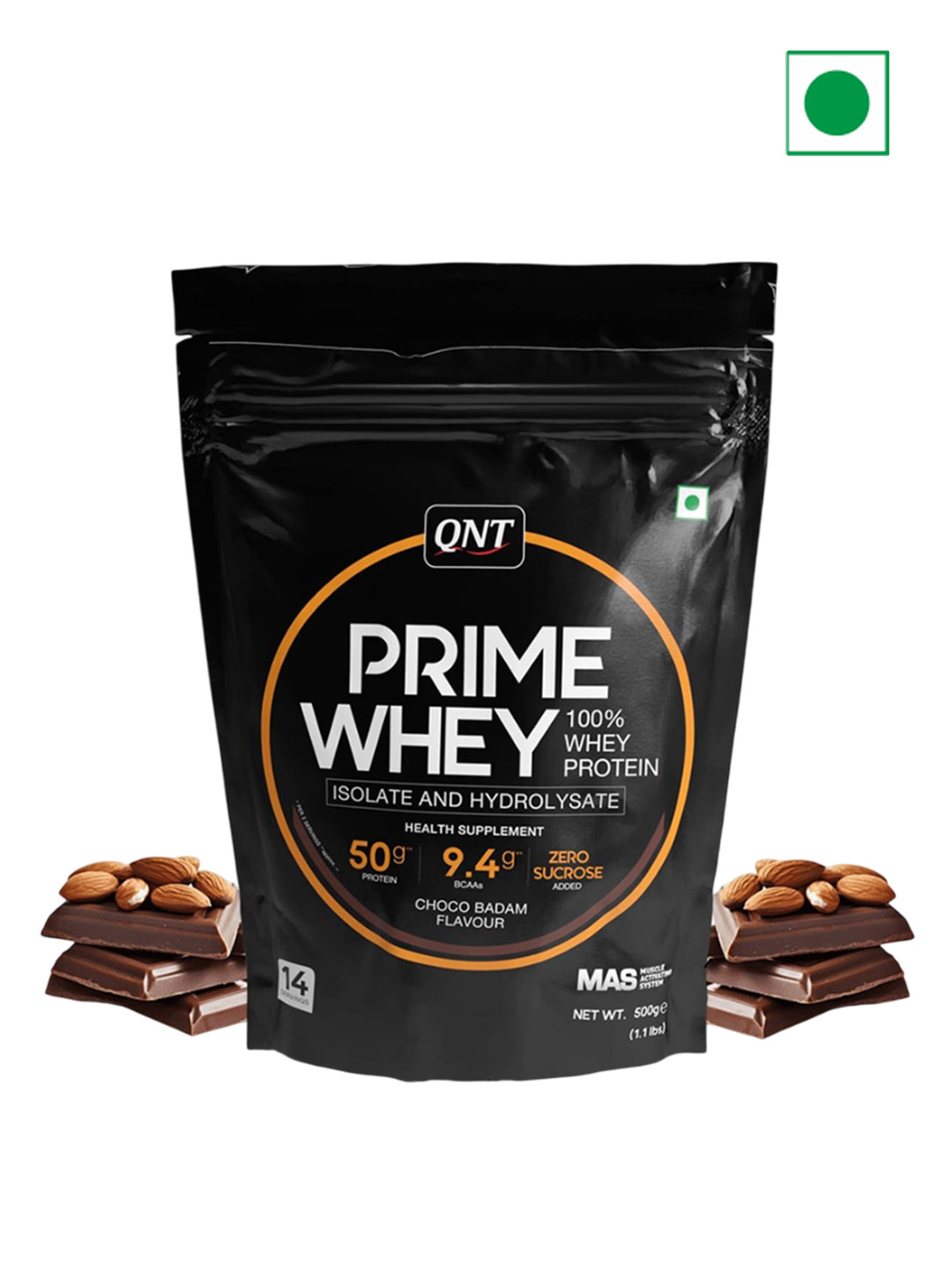 QNT Prime 100% Pure Whey Protein Powder For Muscle Building - 500 g - Choco Badam