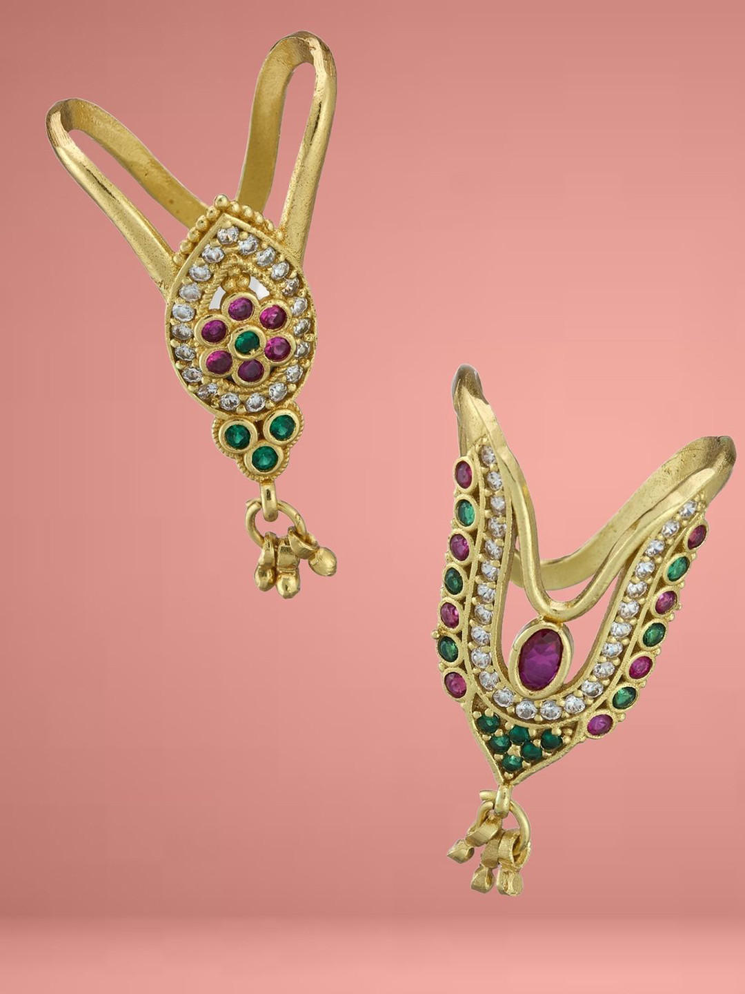 ATIBELLE Set Of 2 Gold Plated Cubic Zirconia studded Vanki- Shaped Beaded Finger Rings