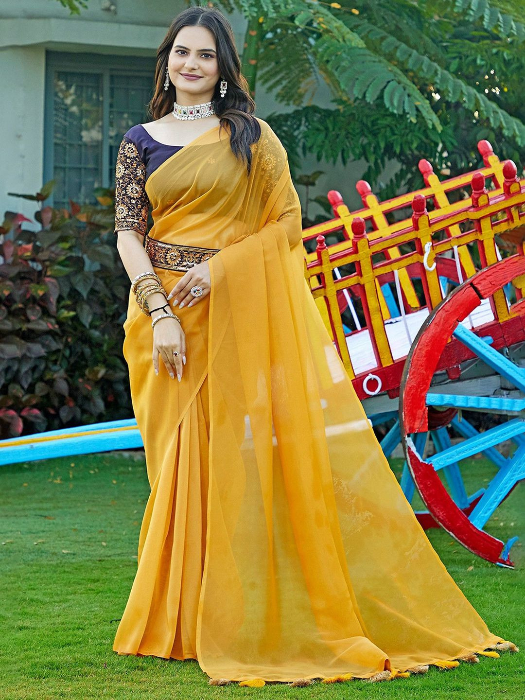 K 5 Fashion Organza Saree with Belt Mustard Color Saree