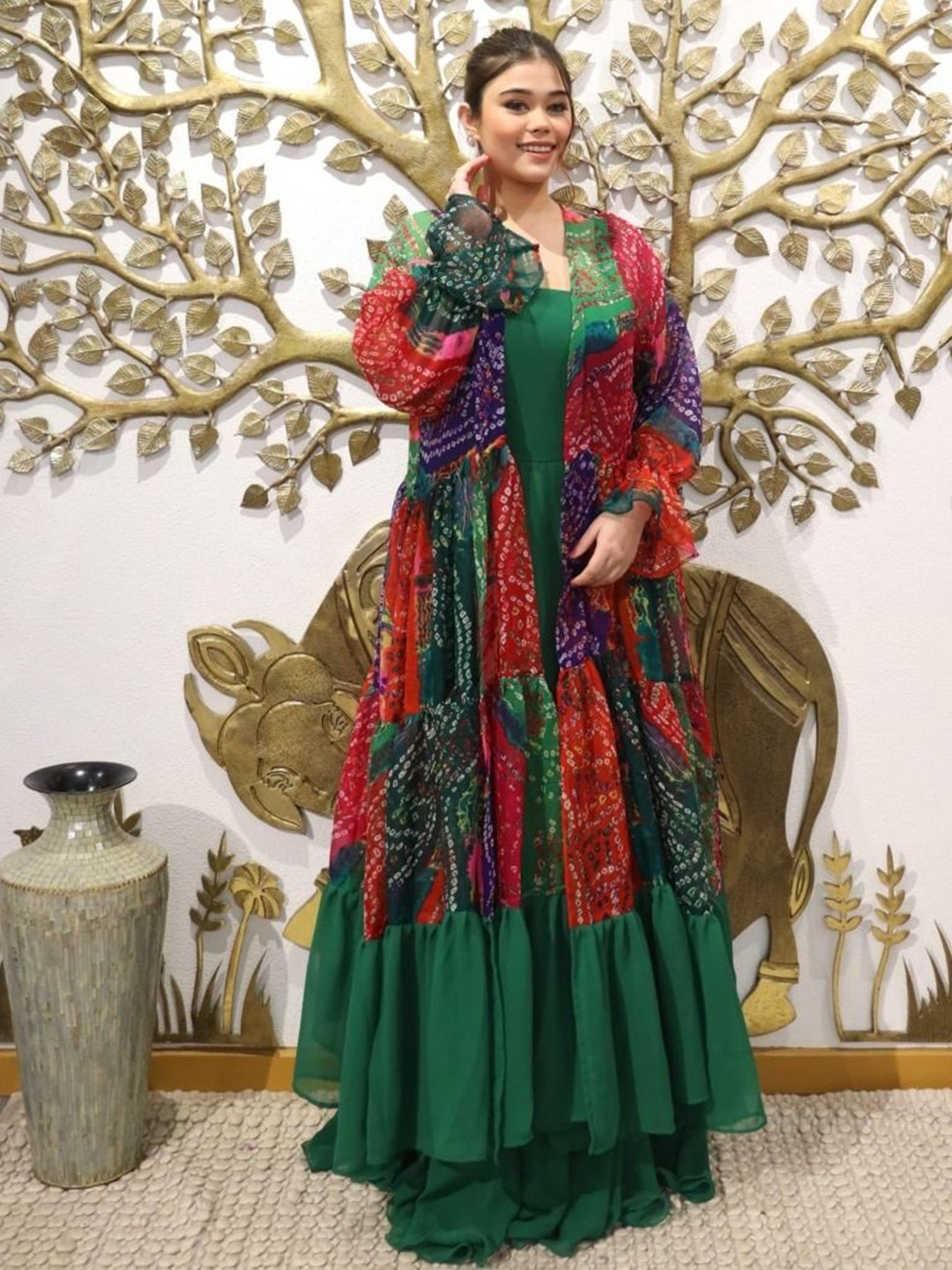 Swadeshi Shringaar Women Green Goddess Dress With Colorful Bandhni Shrug