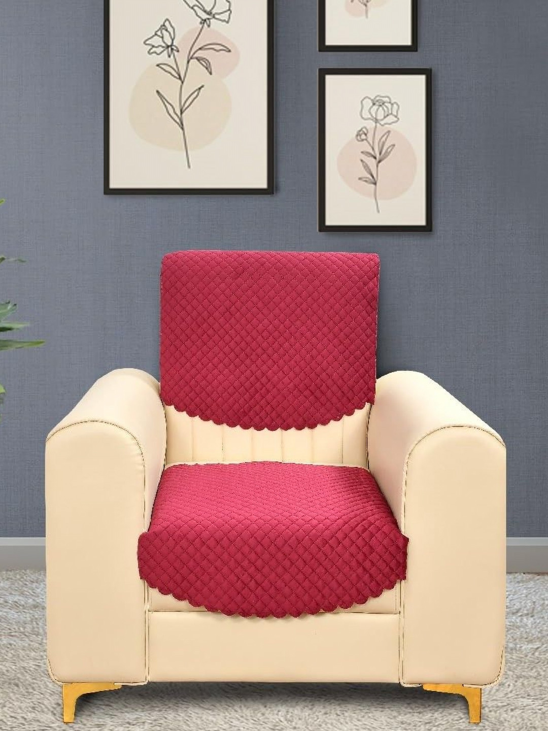 Aura Red Checked 2 Pieces Velvet Sofa Covers