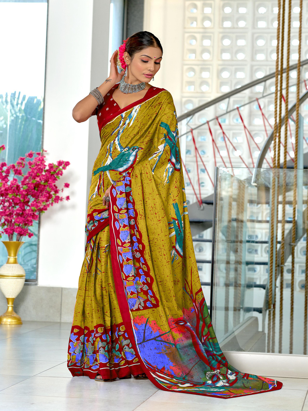 LeeliPeeri Designer Printed Block Print Saree With Contrast Blouse Piece