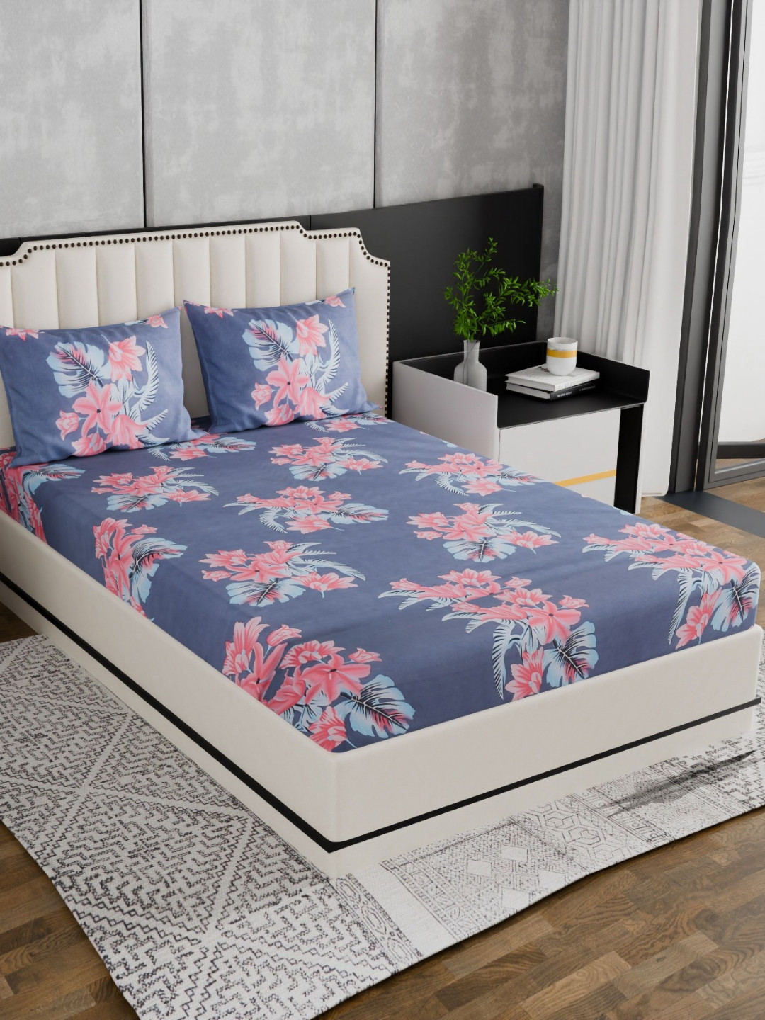 Nivasam Spade Navy Blue Floral Polycotton 186 TC Fitted King Fine Bedsheet with 2 Pillow Covers-78 x 72 inches