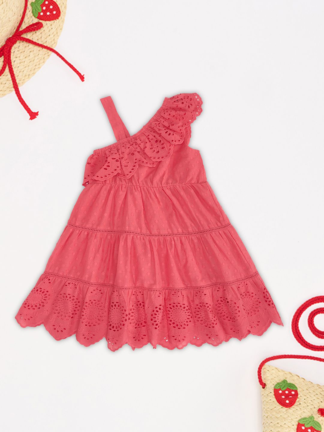 Pantaloons Junior Girl Cotton Self Design Asymmetric Neck Tiered Empire Dress