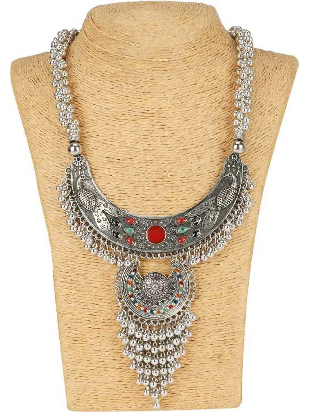 Sangria Artificial Stones and Beads Studded & Beaded Peacock Necklace