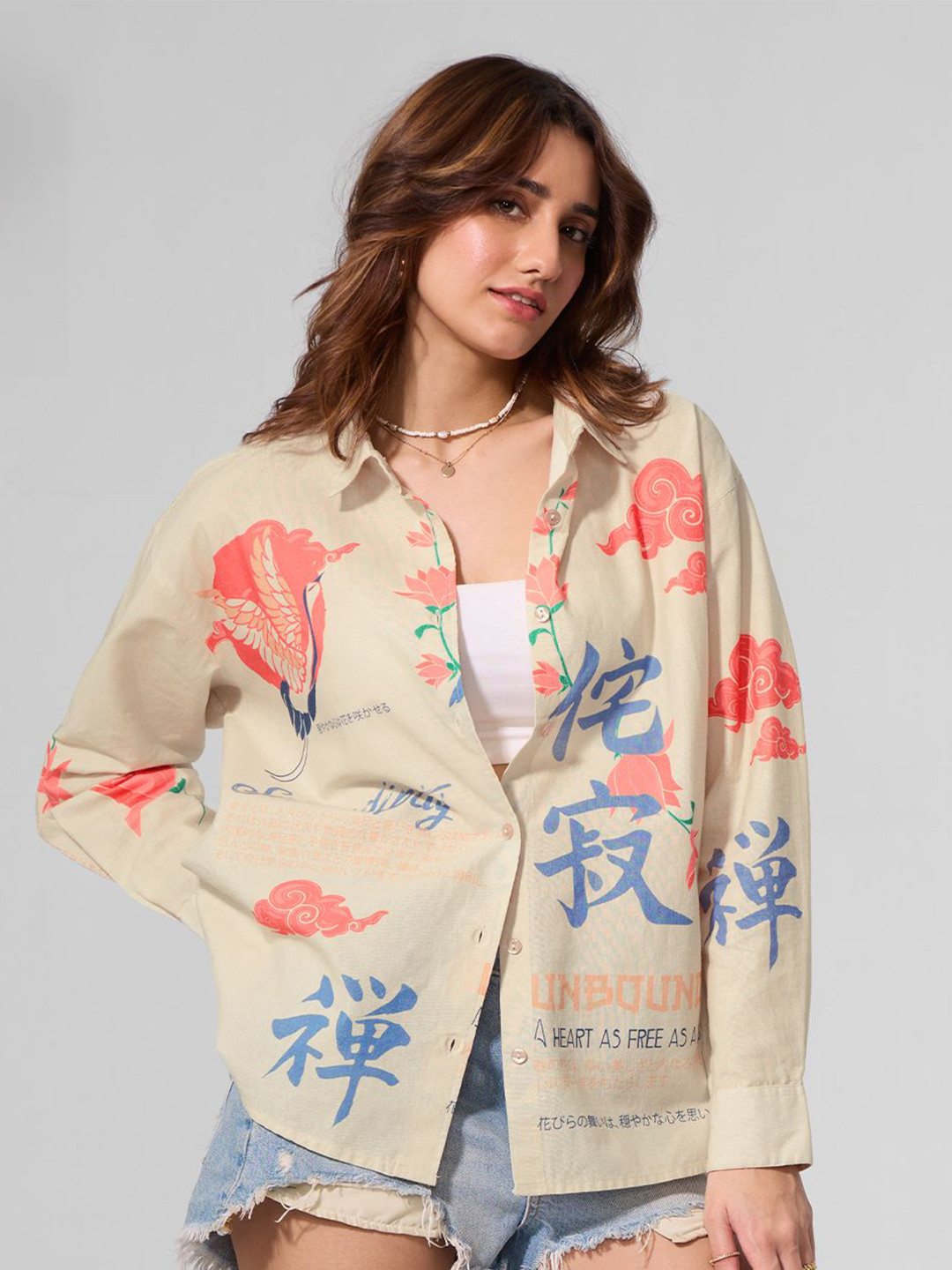 The Souled Store Oversized Unbound Floral Printed Cotton Linen Shirt