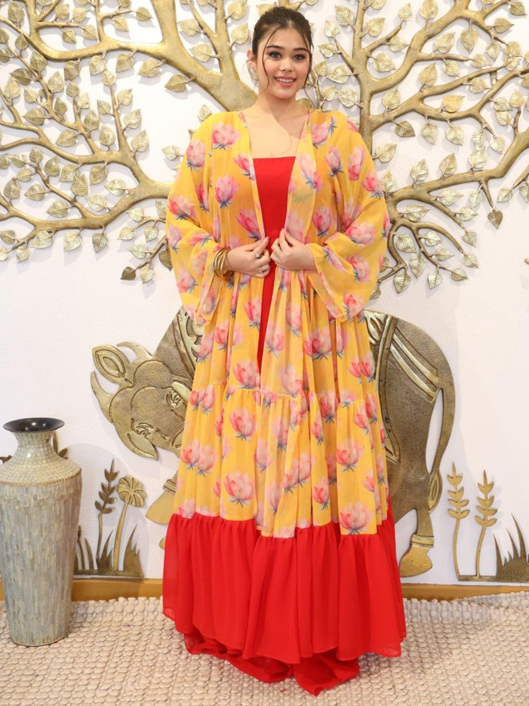 Swadeshi Shringaar Women Red Chilli Dress With Printed Shrug