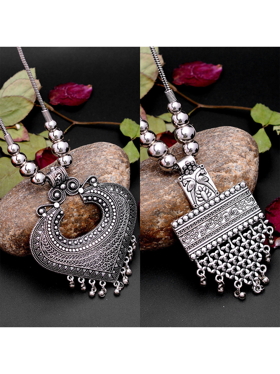 Sangria Set Of 2 Oxidized Samosa & Big Pan Necklace