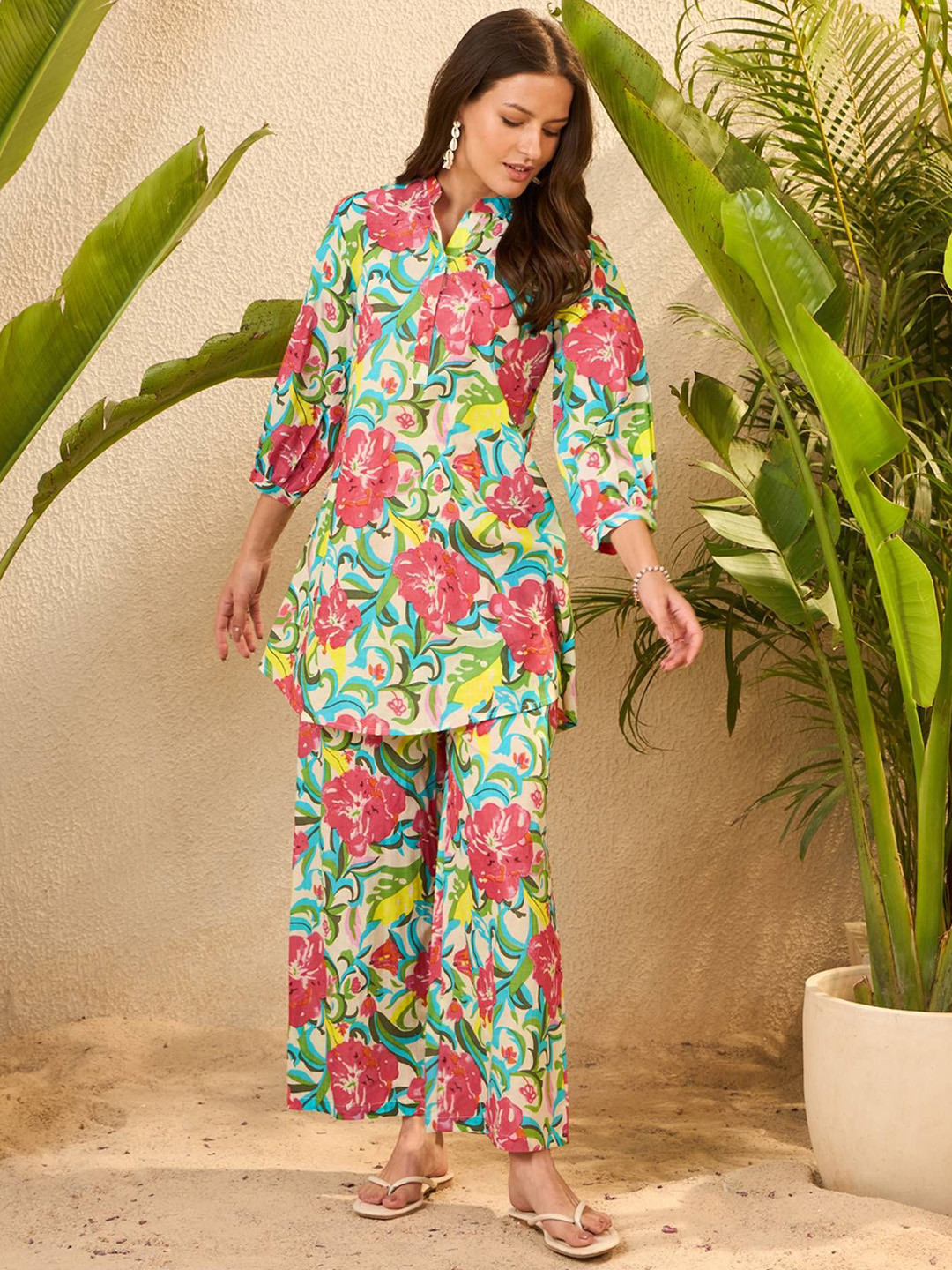 IMANA Printed Mandarin Collared Pure Cotton Tunic With Palazzos