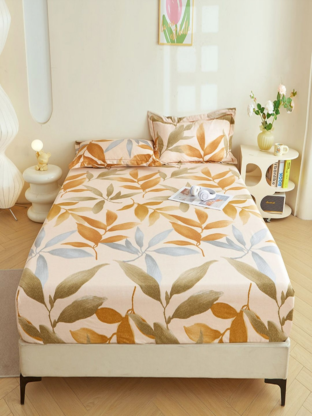 JC HOME Brown Leaf Pure Cotton 240 TC Fitted Single Bedsheet with a Pillow Cover-200 x 120 cm