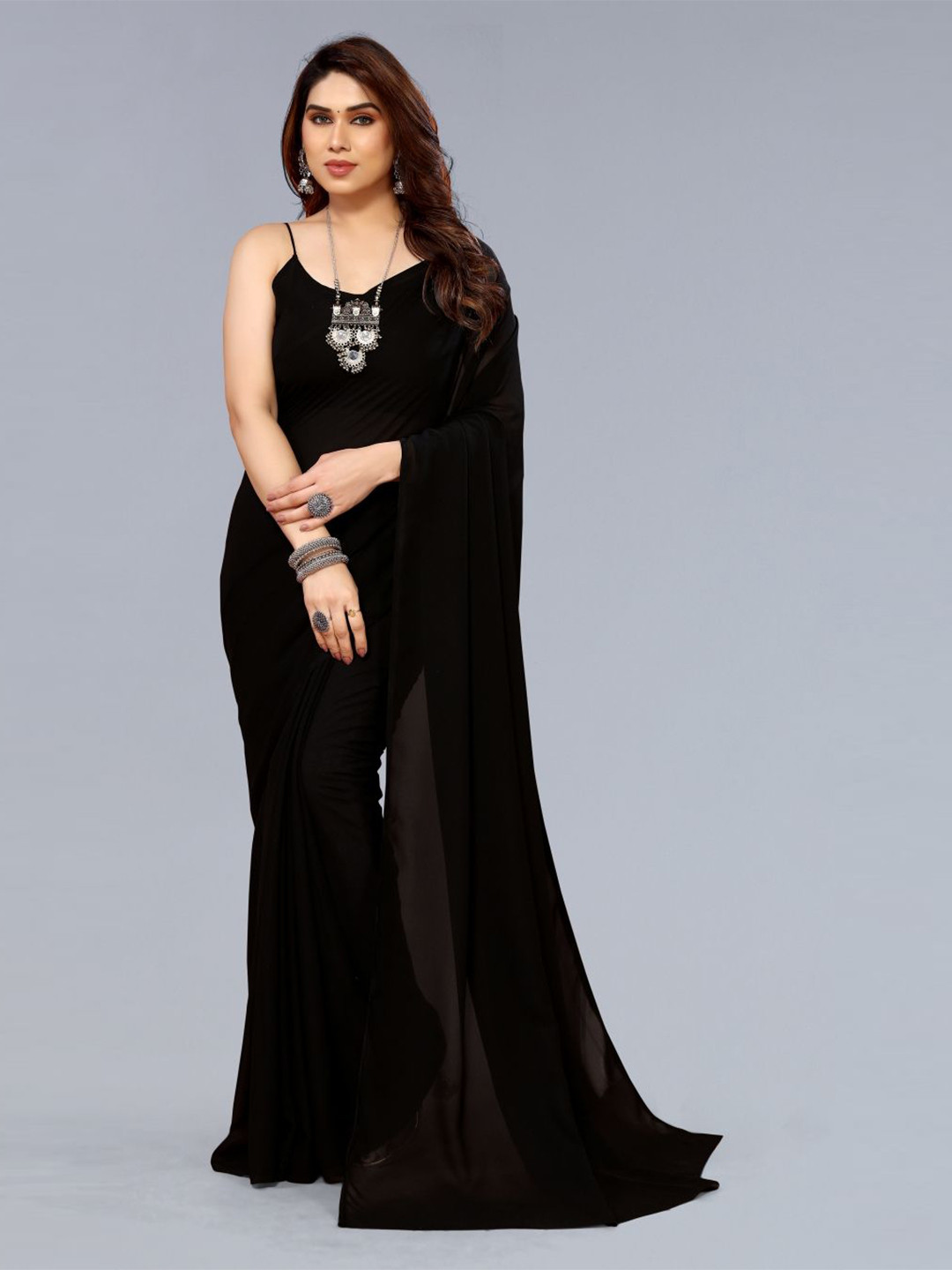 Moda Rapido Solid Black Saree with Blouse Piece