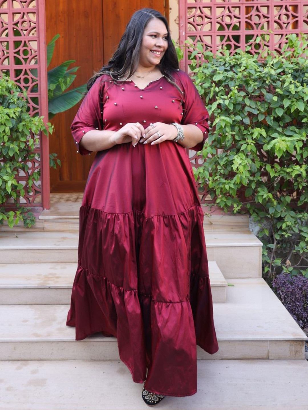 Swadeshi Shringaar Women Scarlet Swirl Embellished Tiered Gown Dress