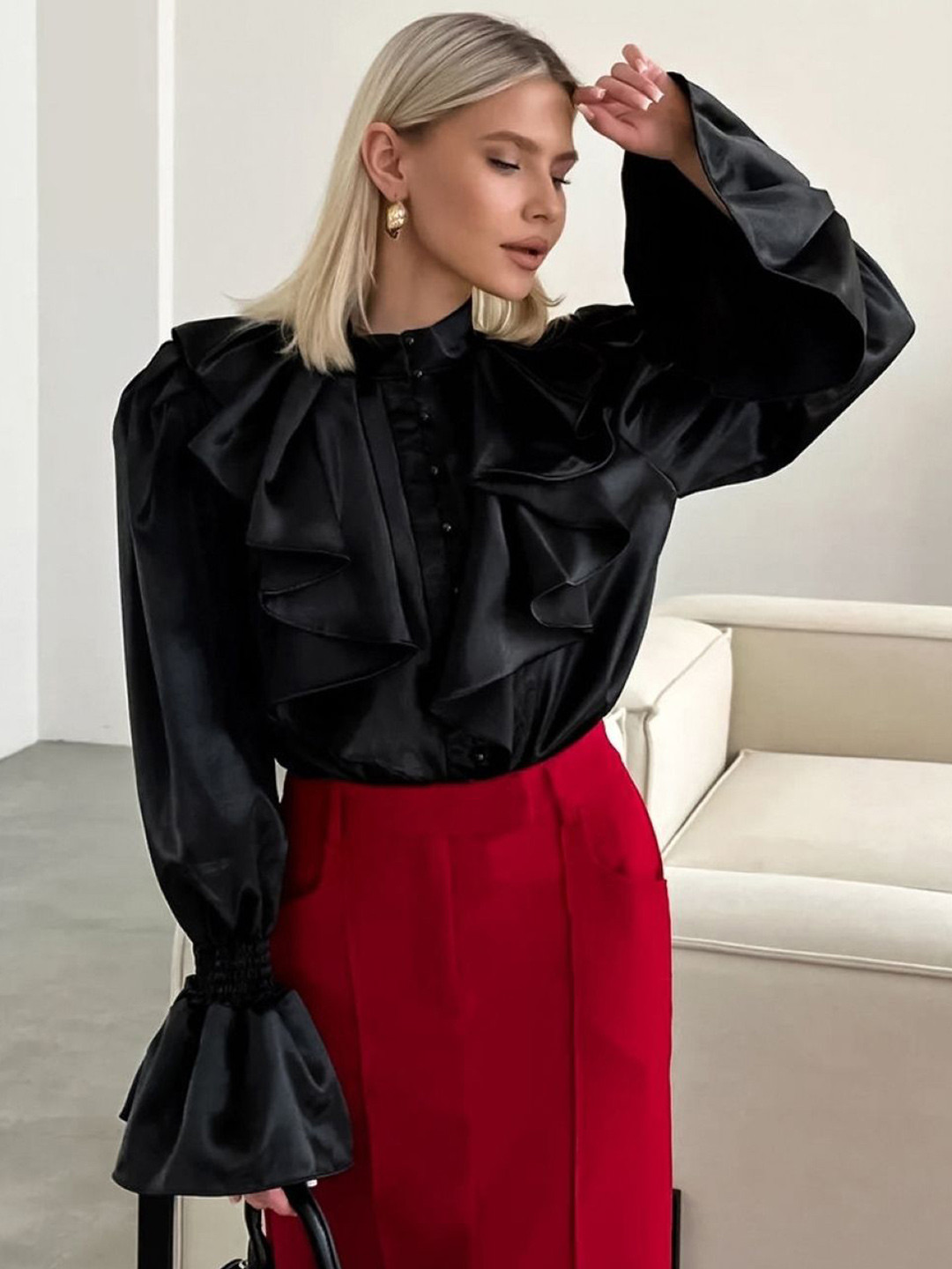 bebe Black Ruffled Stand Collar Puff Sleeve Top with Smocked Cuffs